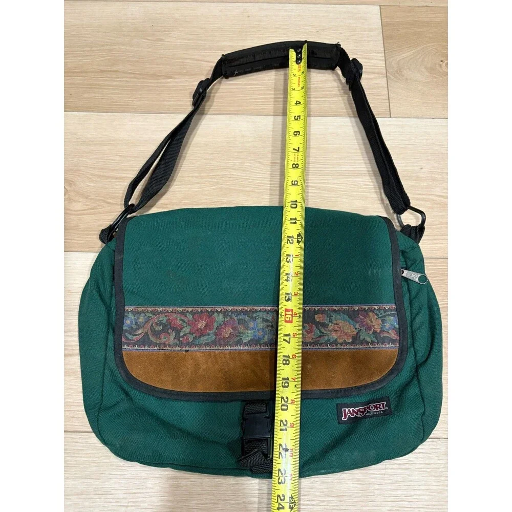Jansport Messenger Bag Cross Body Floral Leather Green Made in USA 2 Pocket